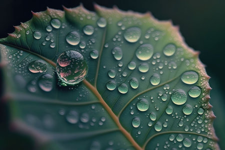 Water droplets on a green leaf. Shallow depth of field.の素材