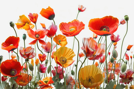 poppies isolated on white background, soft focus, floral backgroundの素材