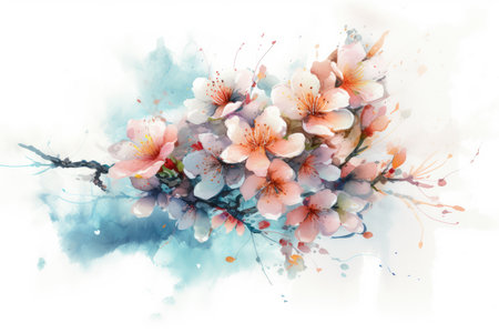 Watercolor cherry blossom on white background. Hand drawn illustration.の素材