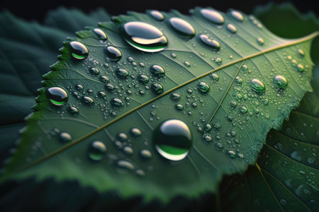 Water drops on green leaf. Natural background. Selective focus.の素材