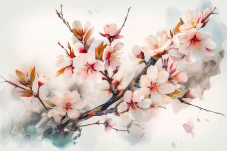 watercolor painting of cherry blossom branch with pink flowers on white backgroundの素材