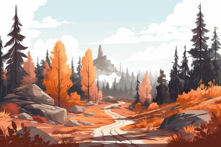 Autumn landscape with trees, road and mountains. Vector illustration.の素材