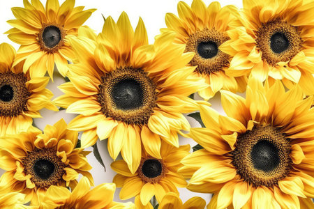 Beautiful sunflowers on white background, top view. Space for textの素材