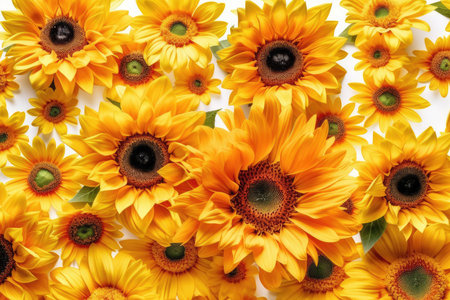 Beautiful sunflowers on white background, top view. Floral patternの素材
