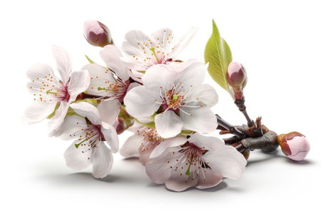 Branch of blossoming cherry tree isolated on white background cutoutの素材
