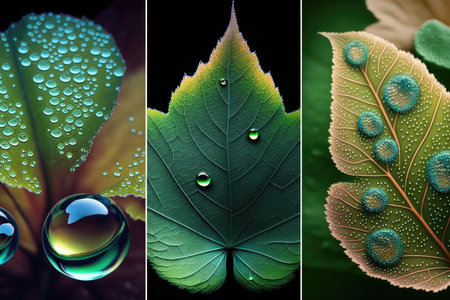 Collage of green leaves with water drops, isolated on black backgroundの素材