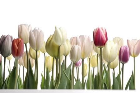 colorful tulips isolated on white background with copy space for your textの素材