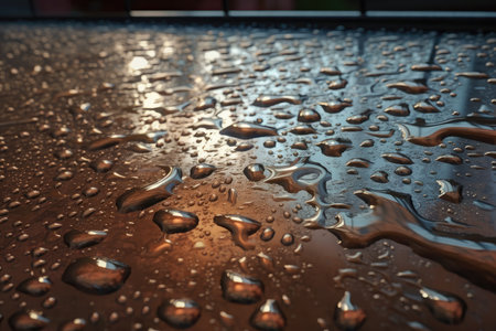 Raindrops on the surface of a wooden table. Shallow depth of field.の素材