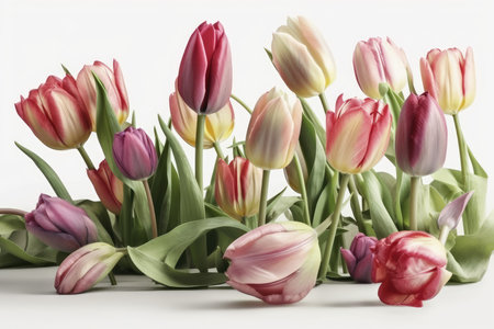 Bouquet of tulips on white background. Spring flowers.の素材