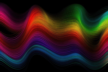 abstract colorful background with smooth wavy lines in rainbow colors on blackの素材