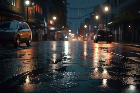 Rainy day in the city. Raindrops on the road.の素材