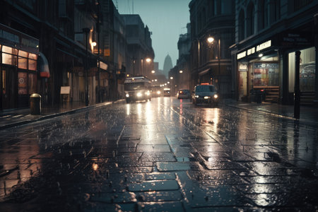 Traffic on a wet street in London, UK. Shallow depth of field.の素材
