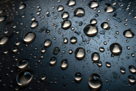 Water drops on a black surface. Abstract background. Shallow depth of field.の素材