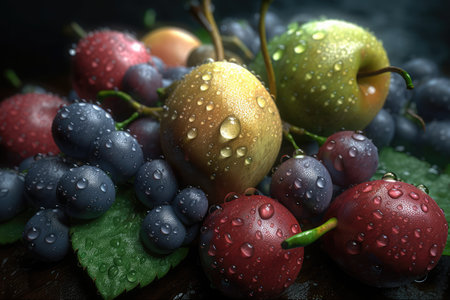 Still life with plums, grapes and pears on dark backgroundの素材