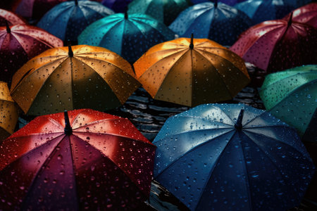 Colorful umbrellas in rain. Rainy day concept.の素材