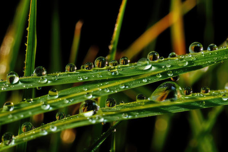 Dew drops on green grass in the morning. Shallow depth of fieldの素材