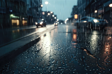 Raindrops on the road in the city. Blurred background.の素材