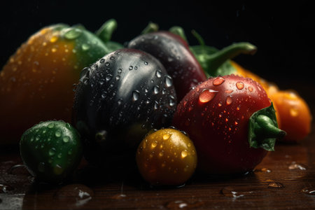 Still life with colorful peppers and water droplets on wooden table.の素材