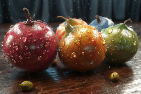 Fruits with water drops on wooden table, closeup. Raindrops on fruitsの素材