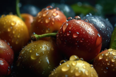 Fresh plums with water drops on a dark background. Selective focus.の素材