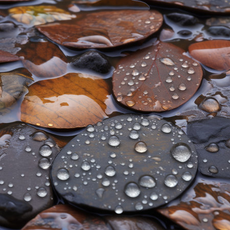 Water droplets on black pebbles. Nature background. Close up.の素材