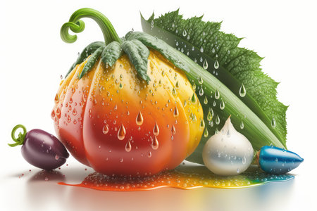 Fresh vegetables with water drops on a white background. 3d illustrationの素材