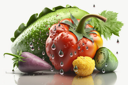 Fresh vegetables with water drops isolated on white background. 3d illustrationの素材