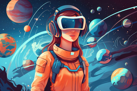 Astronaut girl in spacesuit and helmet. Vector illustration.の素材