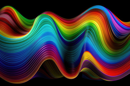 abstract colorful waves on a black background. 3d render illustrationの素材