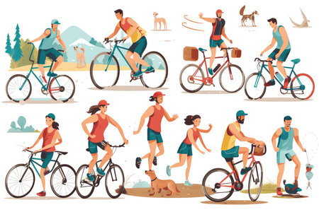 Bicyclists, man and woman in sportswear riding bicycles, men and women with dog and cat, flat vector illustrationの素材