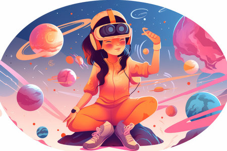 Vector illustration of a girl in space suit on a background of planetsの素材