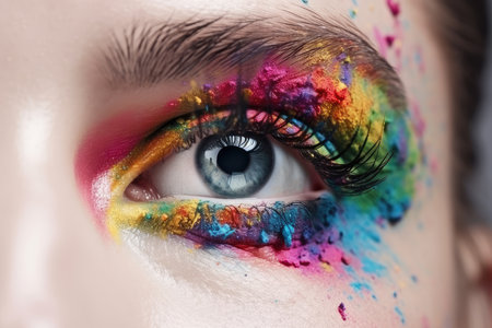 Close up of beautiful woman's eye with multicolored makeup.の素材