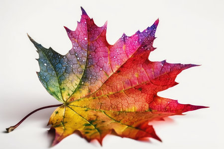 Colorful autumn maple leaf with water drops on a white background.の素材