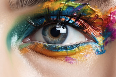 Close-up shot of beautiful female eye with multicolored makeup.の素材