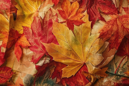 Autumn maple leaves background, top view, copy space for textの素材