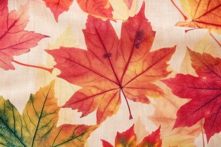 Texture, background, pattern. Fabric with bright autumn leaves. Photographed in the studioの素材