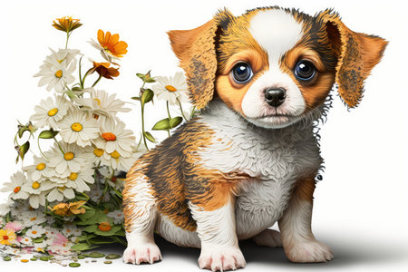 3D digital render of a cute Chihuahua puppy with daisy flowers isolated on white backgroundの素材