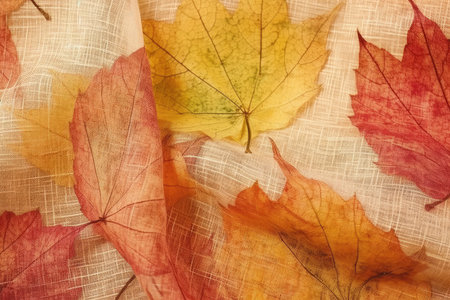 Colorful autumn leaves on the fabric as a background. Top viewの素材