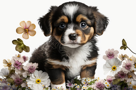 Puppy with flowers and butterflies in front of a white backgroundの素材