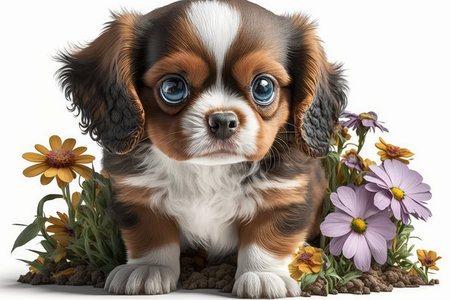 Cavalier King Charles Spaniel puppy with flowers, isolated on whiteの素材