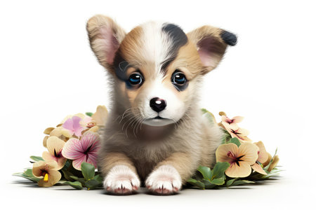 Corgi puppy with flowers isolated on white background. 3d illustration.の素材