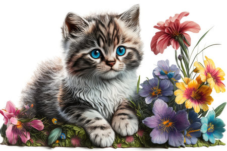Cute kitten with flowers isolated on white background. 3d illustration.の素材