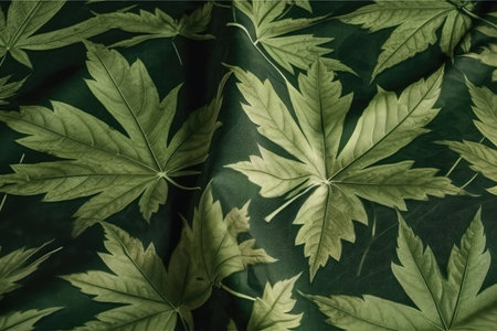 Texture, background, pattern. Silk fabric with green leaves of a marijuana plant.の素材