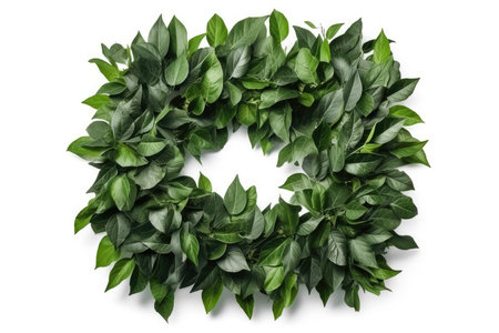 Green leaves wreath isolated on white background. Flat lay, top viewの素材