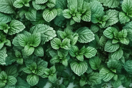 Top view of fresh mint leaves in a pot. Natural background.の素材