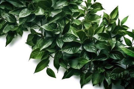 Green leaves on a white background. Flat lay, top view.の素材