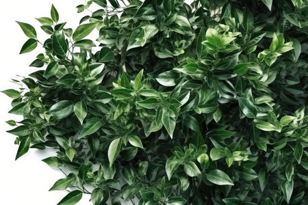 Green leaves on white background. Flat lay, top view, copy spaceの素材