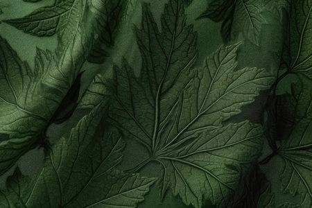 Texture, background, pattern. Silk fabric is green with a pattern of leaves. The fabric is decorated with a pattern of leaves.の素材