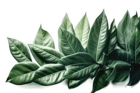 Green leaves isolated on white background. Tropical plant. Flat lay, top viewの素材