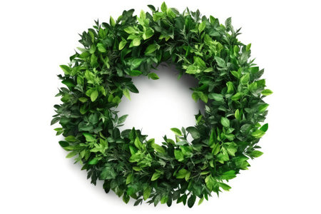 Wreath made of green leaves isolated on white background, top viewの素材